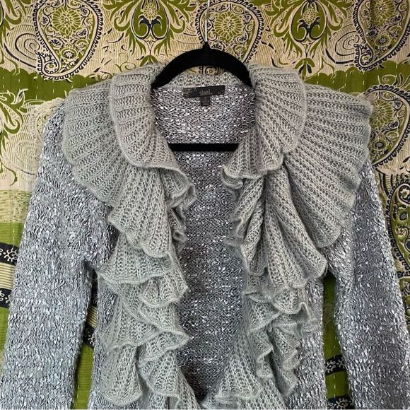 Y2K Sioni Gray Knit Fairycore Ruffle Cardigan Size Small - Picture 2 of 13
